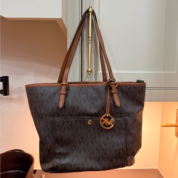 Michael Kors Handbags - Michael Kors Dark Brown Logo Tote with Tan Trim